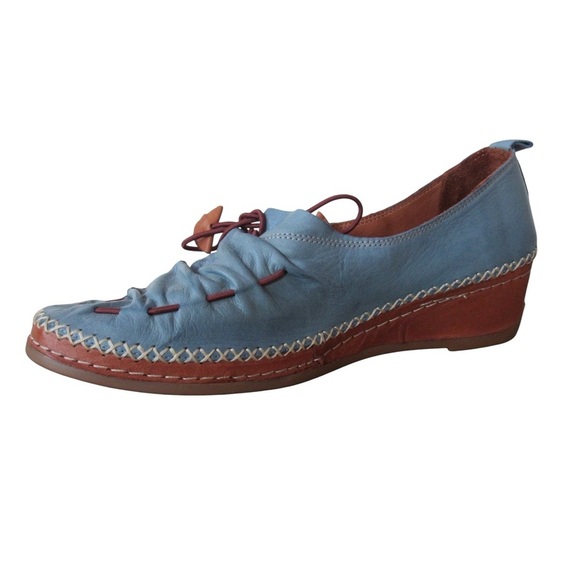 Lemon N Lime Blue Leather Shoes 41 Slip On Western Country Boho Whip Stitch - Picture 2 of 10